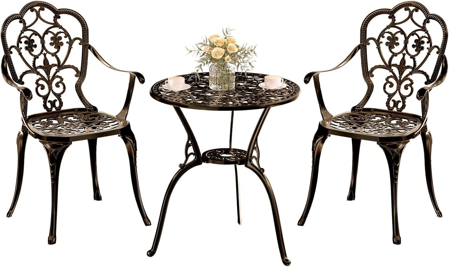 Patio Bistro Set of 2, Cast Aluminum, Outdoor Set w/Umbrella Hole, 3 Piece Table and Chairs Set, Bistro Set for Backyard/Garden/Lawn, Bronze
