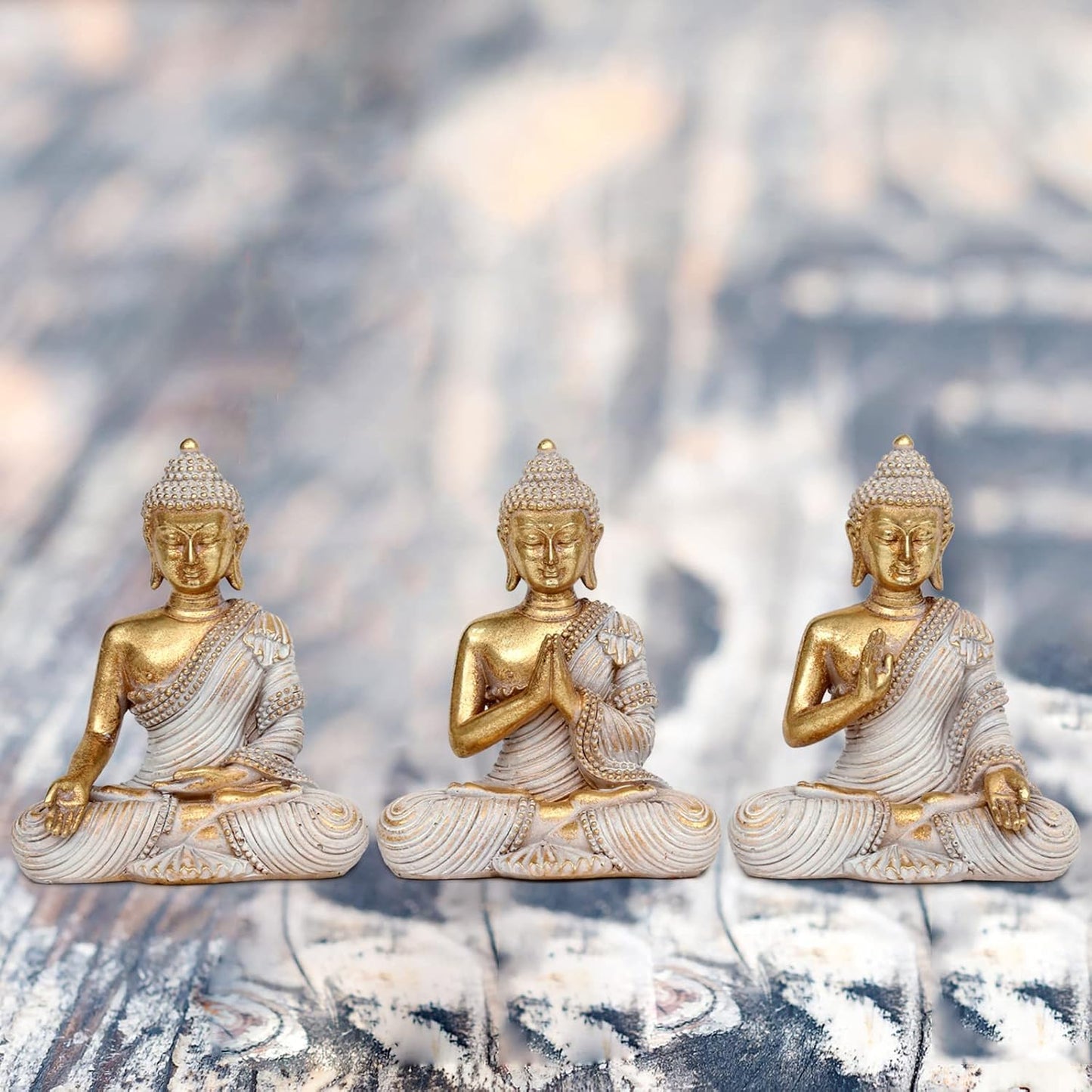 Buddha Statue for Home Decor Gold 4.3'' Set of 3-Small Buddha Statues for Zen Decor-Table Desk Spiritual Decor-Buddha Decor for Living Room-Indoor Buddha Gift for Relaxation, Meditation or Shrine