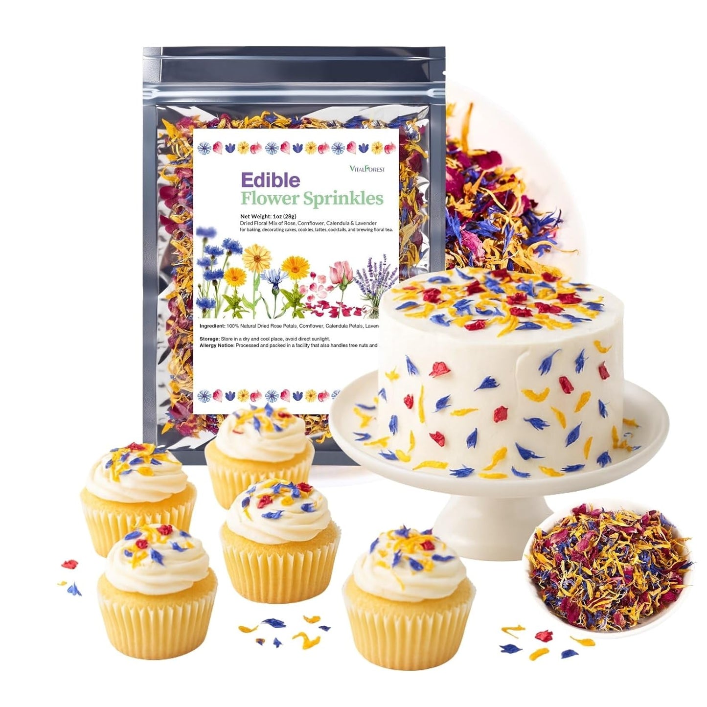 Edible Flower Sprinkles for Cake Decorating– 1oz Dried Edible Flowers Mix Rose, Cornflower, Calendula, Lavender– Edible Cake Decorations, Cupcake Sprinkles Flower for Drinks, Cocktails & Desserts