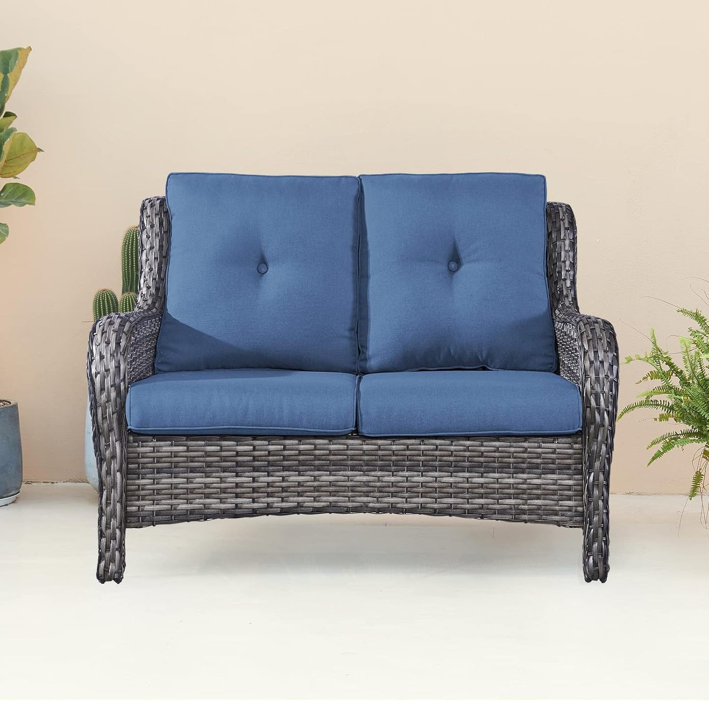 Outdoor Loveseat Small Patio Furniture 2 Seater Sofa Brown Wicker Couch Rattan Settee for Single-Family House