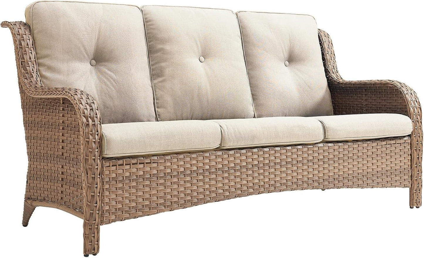 Outdoor Couch Wicker Patio Sofa - 75Inch Rattan Sofa with Hight Backrest Wide Armrest, All Weather Outdoor 3 Seater Seating Wicker Couch for Balcony Proch Deck Backyard Yellow/Beige