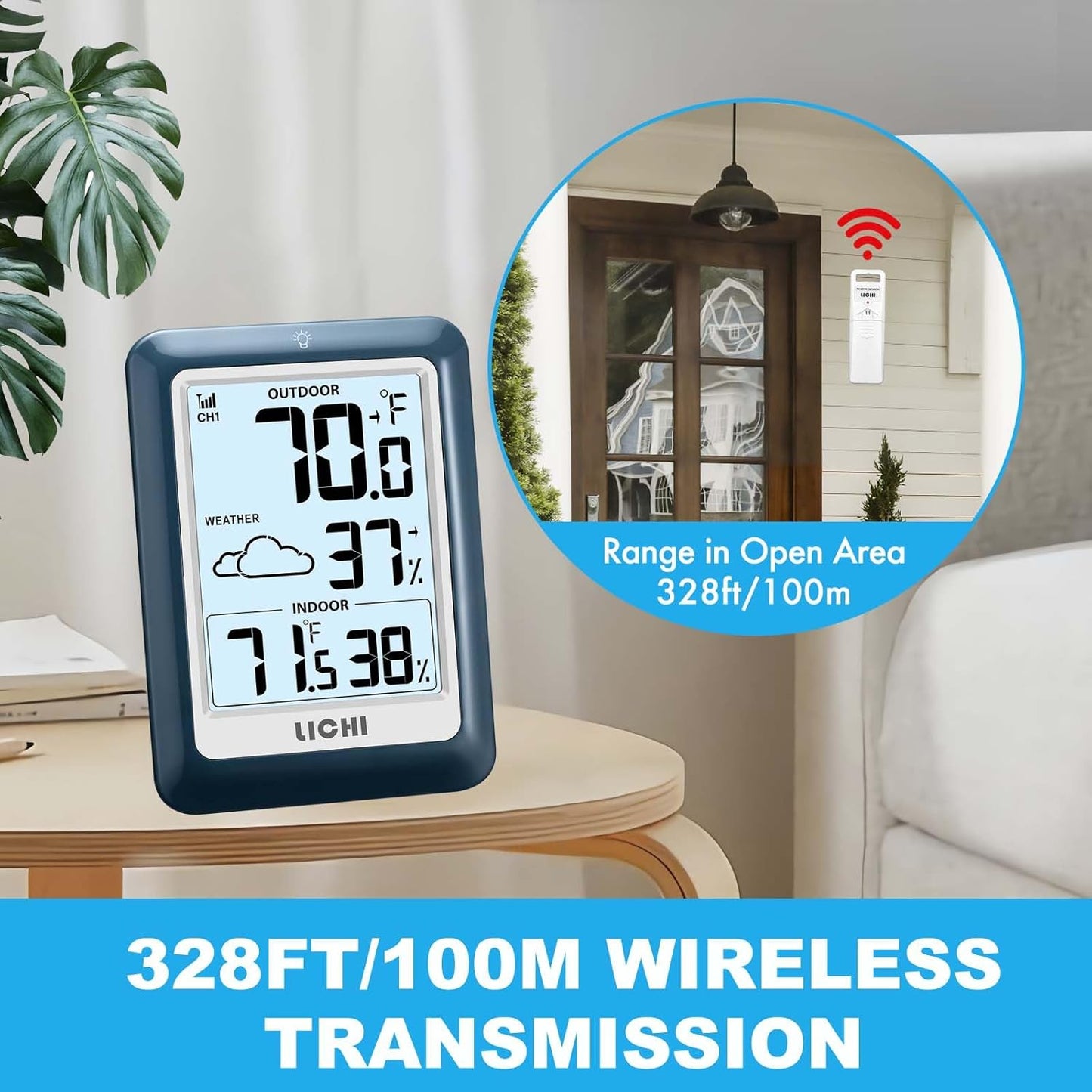 Indoor Outdoor Thermometer Wireless Weather Station, Internal External Thermometer Hygrometer, Home Batteryoperated Temperature Humiditymonitors330 Feet (About 100 Meters) Backlight Display (Blue)