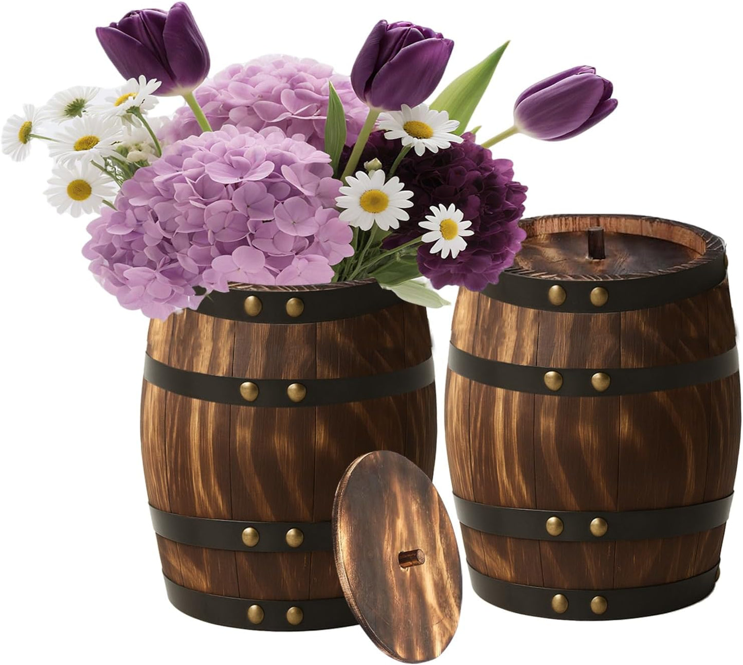 2 Pcs Wood Wine Barrel Vase 8" x 6.5" – Vintage Flower Vase Container Rustic Barrel Planter for Wedding Reception, Table Decoration, Home Indoor/Outdoor Garden, Kitchen, Party