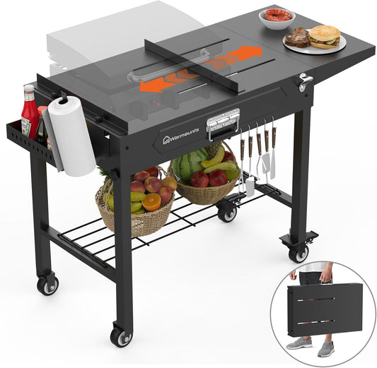 Grill Table for Outside, Portable Folding Grill Cart with Wheels and Adjustable Tabletop, 400 Lbs Weight Capacity, Movable Griddle Stand Fit 17'' or 22'' for Camping, BBQ, Cooking