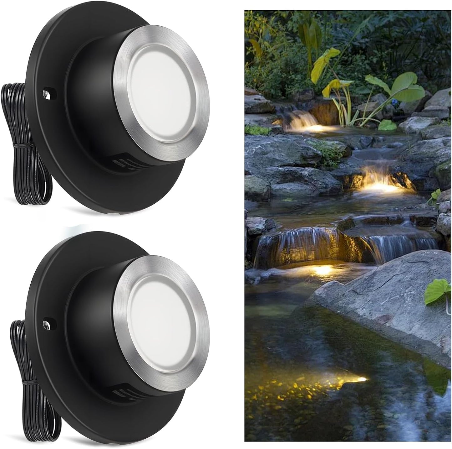SMY Lighting 3W LED Pond Lights 12-24V AC/DC Low Voltage Underwater Fountain Lights 3000K Warm White IP68 Waterproof for Outdoor Ponds Fountains Waterfalls, 2 Pack