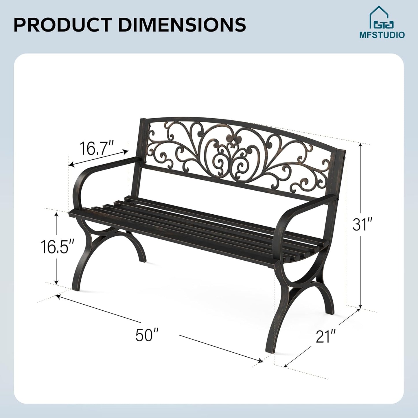 MFSTUDIO 50 Inches Outdoor Garden Bench, Cast Iron Metal Frame Patio Park Bench with Floral Pattern Backrest, Arch Legs for Porch, Lawn, Yard-Bronze