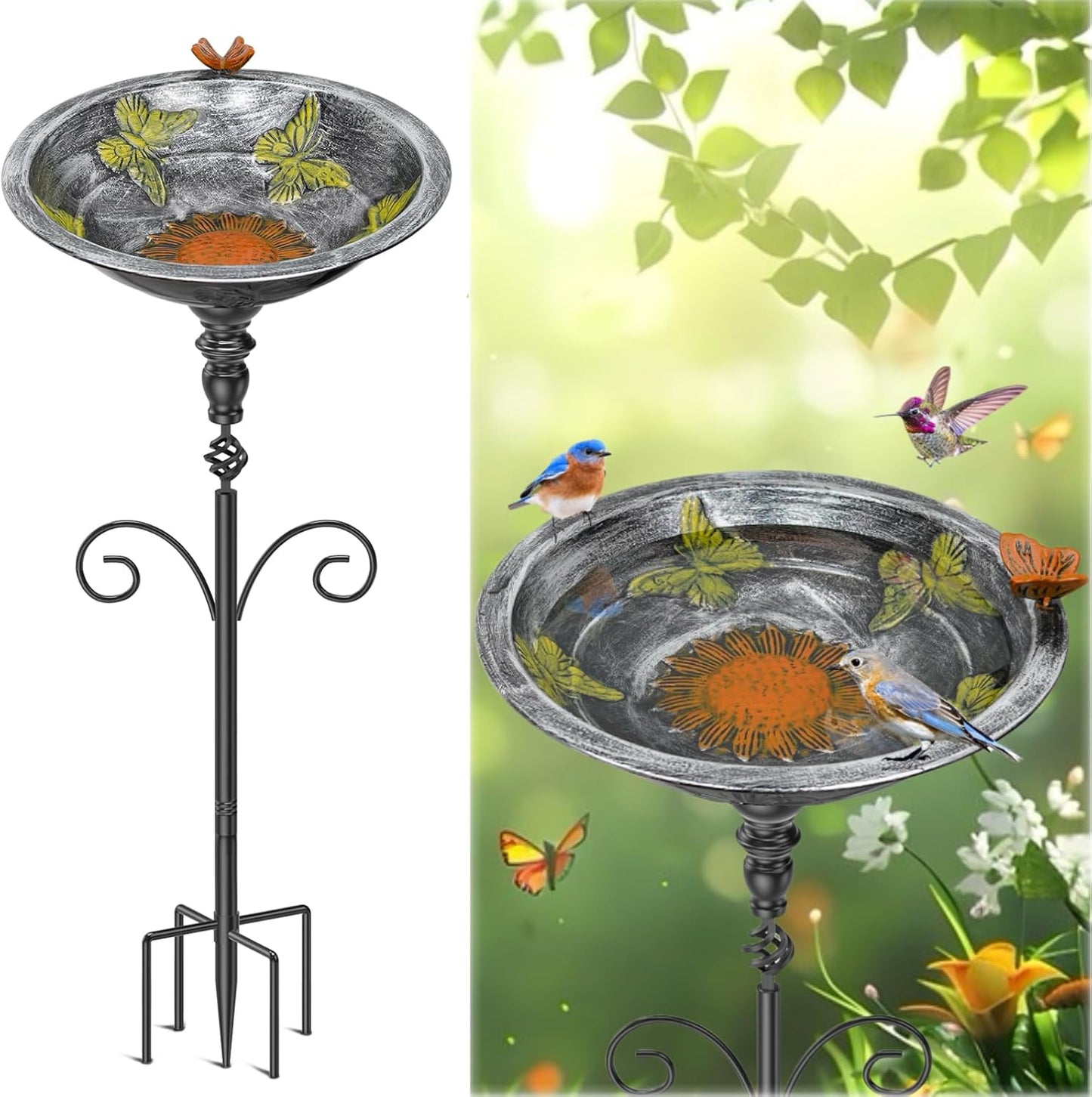 35.4" Tall Bird Bath for Outside, Vintage Metal Birdbaths Bowl with 5 Prong Bases for Outdoors, Freestanding Birdfeeder with Hummingbird Carving for Garden Yard Lawn Decor (Vintage Silver)