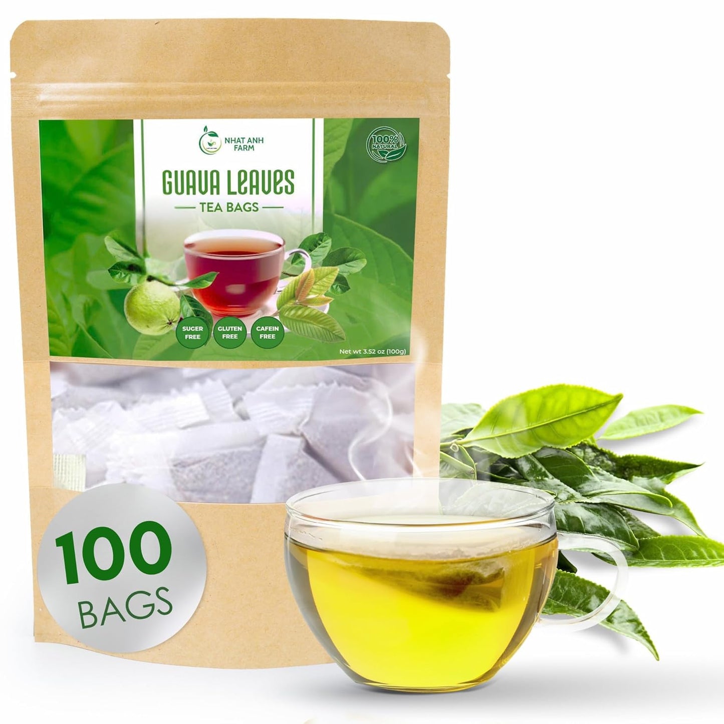 Nhat Anh Farm - Guava Leaf Tea Bags, 100 Teabags - Guava Dried Leaf Tea Bags 100% Natural And Pure , No Chemicals - Additives- Caffeine Free. Herbal Tea for Digestion, Good For Your Health. (Té De Hojas De Guayaba)