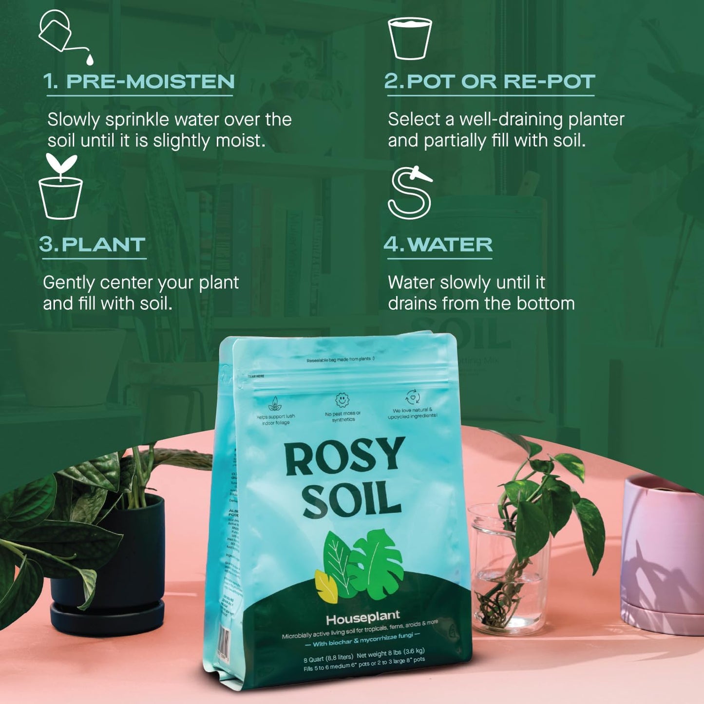 Rosy Soil Indoor Potting Soil for House Plants, 2 x 8 qrt - Organic Potting Soil Mix for Indoor Plants -Enriched w/Root-Boosting Biochar for Foliage Plants, Flowers, Herbs - Pack of 2