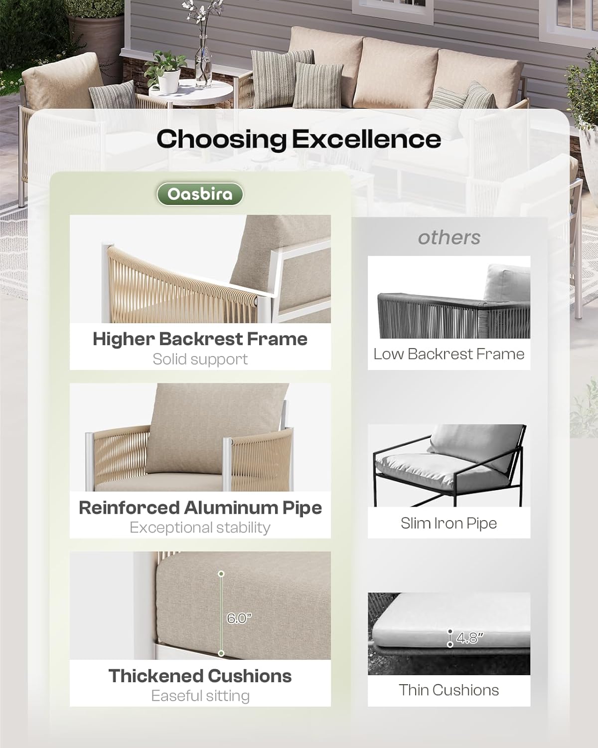 Aluminum Outdoor Patio Furniture Set, HDPE Rope 5 Piece Modern Sectional Conversation Sets with Dual-Layer Coffee Table, All Weather Patio Couch Sofa with Thick Cushions, Silver Frame, Beige