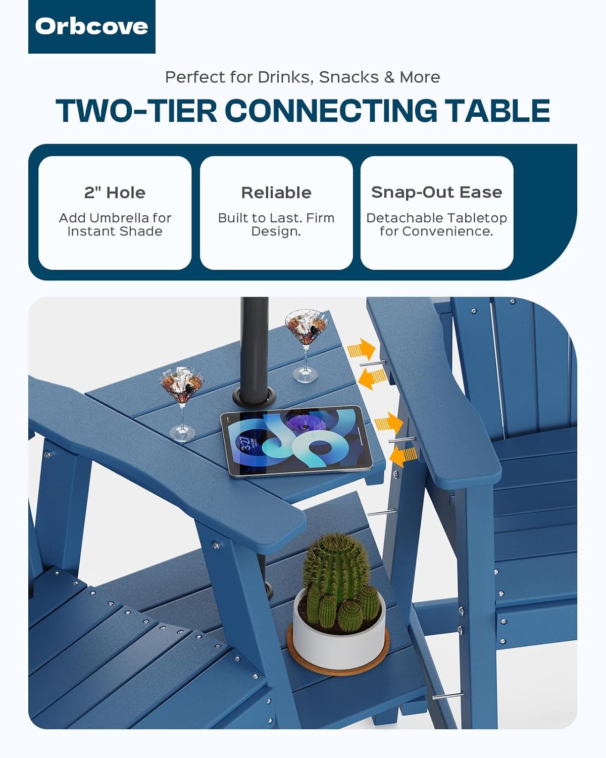 Tall Adirondack Chairs Set of 2 with 2-Layer Connecting Table, HDPE Bar Height Outdoor Table and Chairs with Umbrella Hole, All Weather Outdoor Bar Stools for Patio, Deck, Yard (Navy Blue)