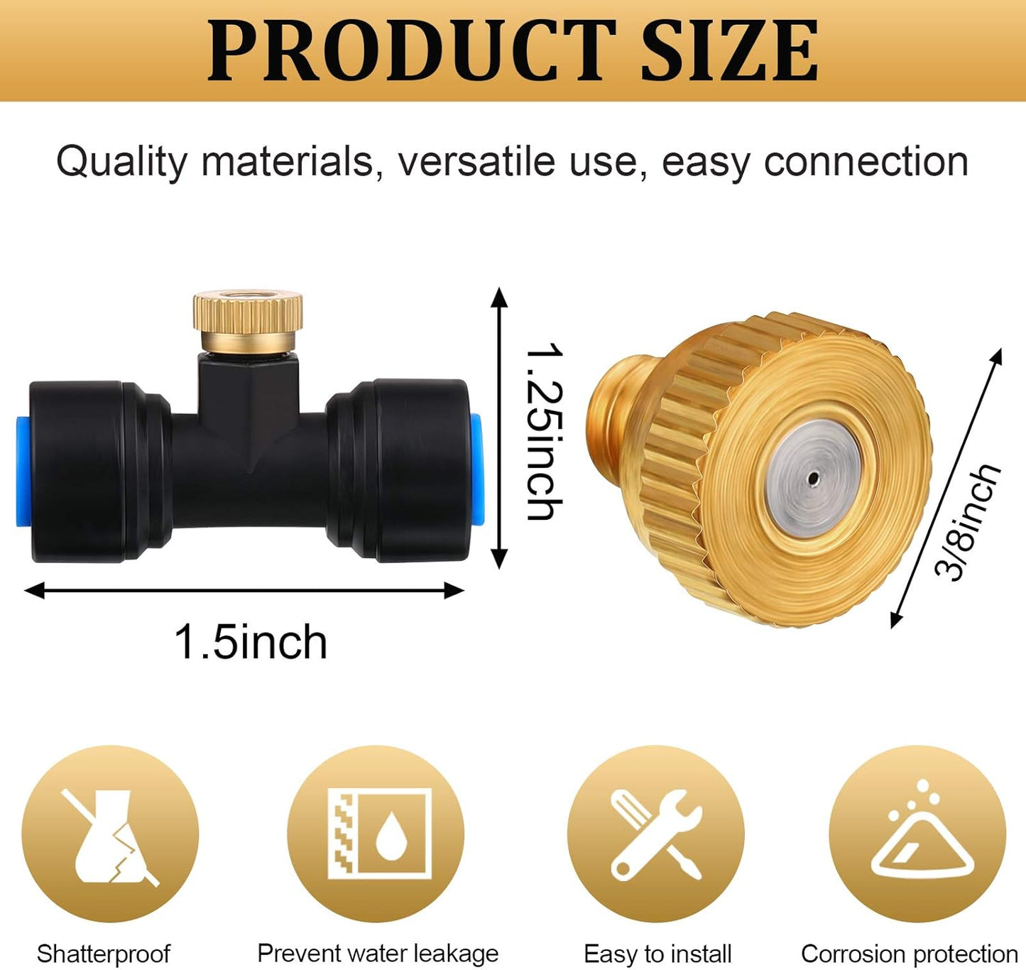 Hotop Brass Misting Nozzles 1/4 Inch Sliding Lock Mister Nozzles Tees with Plugs for Outdoor Cooling System Misting System(20 Pieces)