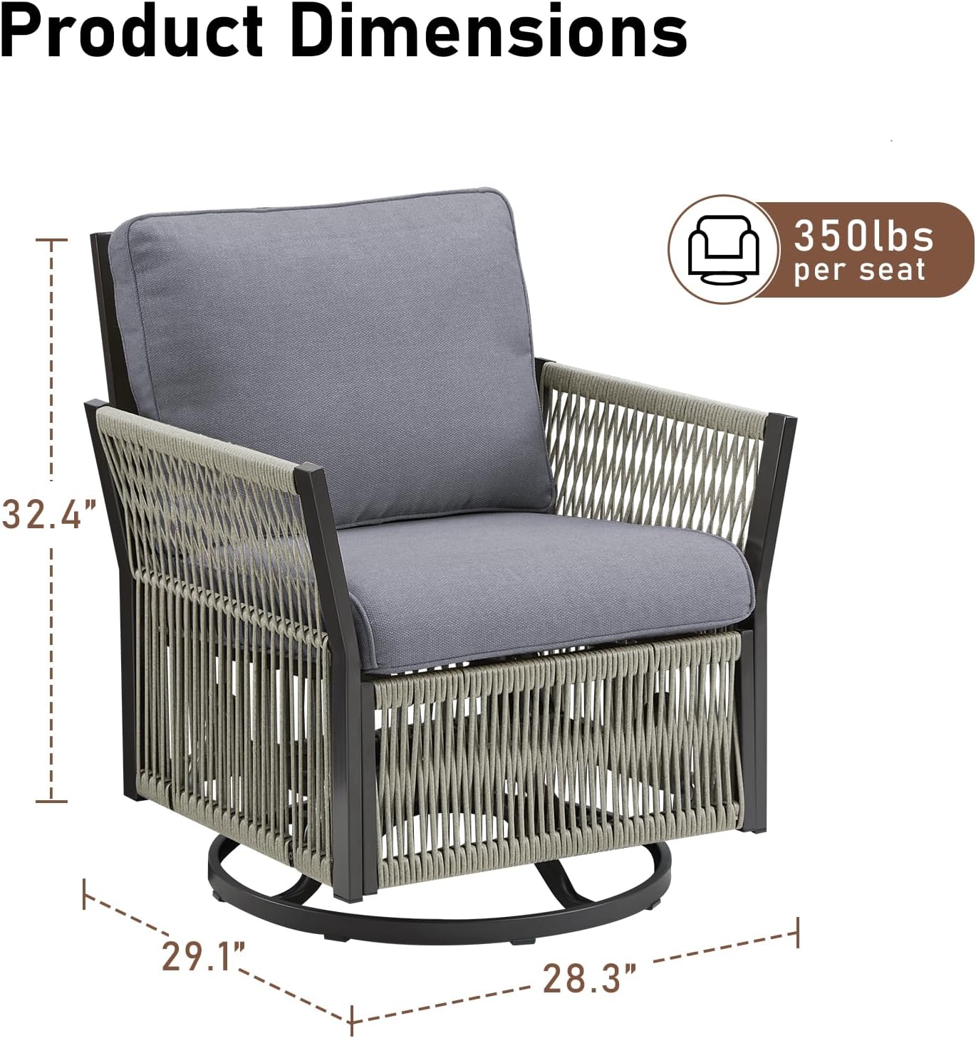 Patio Bistro Chair Set, 2 Pieces Rope Swivel Wicker Chairs Porch Furniture Sets, All-Weather Aluminum Rocking Outdoor Conversation Set for Porch, Deck, Poolside w/Cushion - Dark Grey