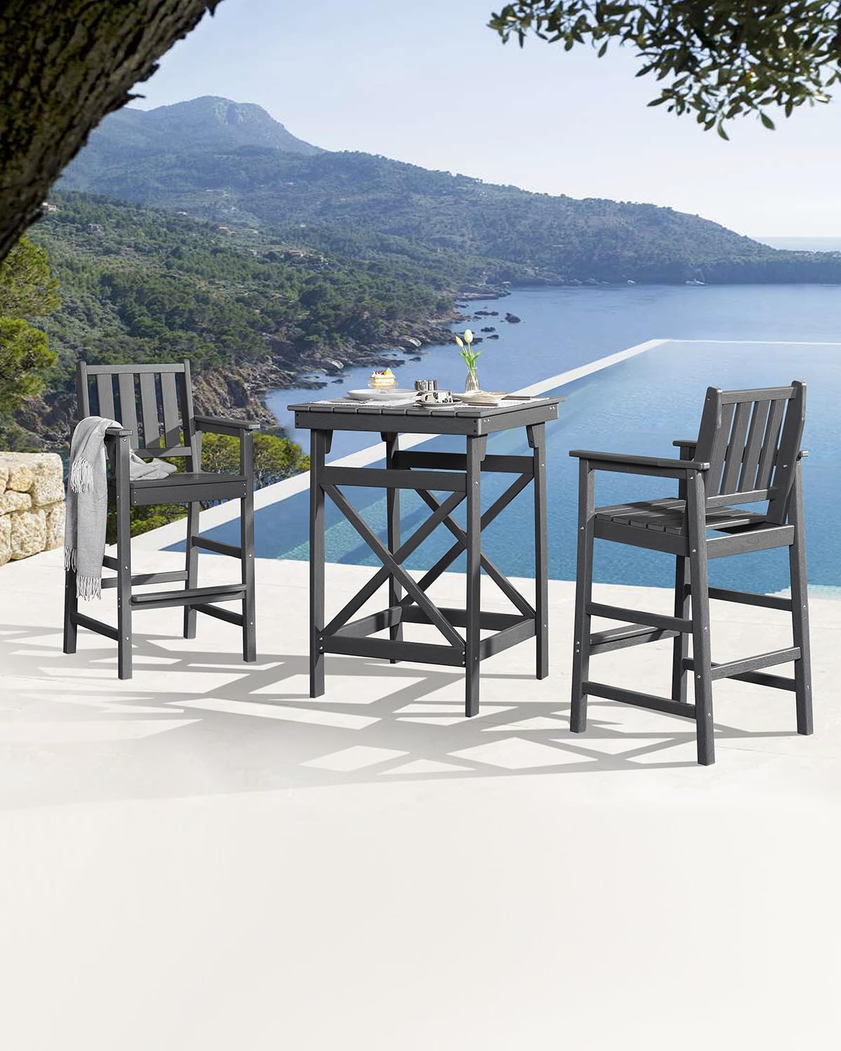 Adirondack Bar Chair Set of 2, HDPE Tall Adirondack Chairs Bar Stools with Footrest, Outdoor Bar Height Stool Chair Set, HDPE Patio Barstools Set for Balcony, Porch, Deck, Pool, Smoke Gray