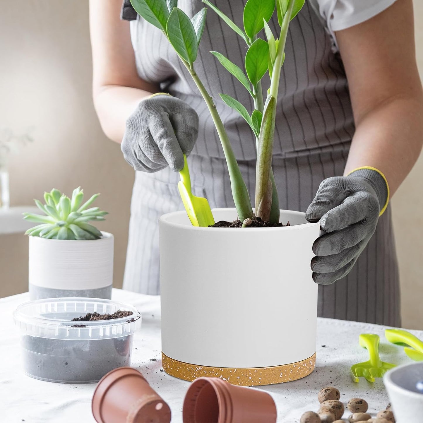 10 Inch Large Flower Pots for Indoor Outdoor Plants, Cylinder Deep Plant Pots with Drainage Holes and Saucer, Big Decorative Plastic Planter Pots for Garden House Plants, White with Brown