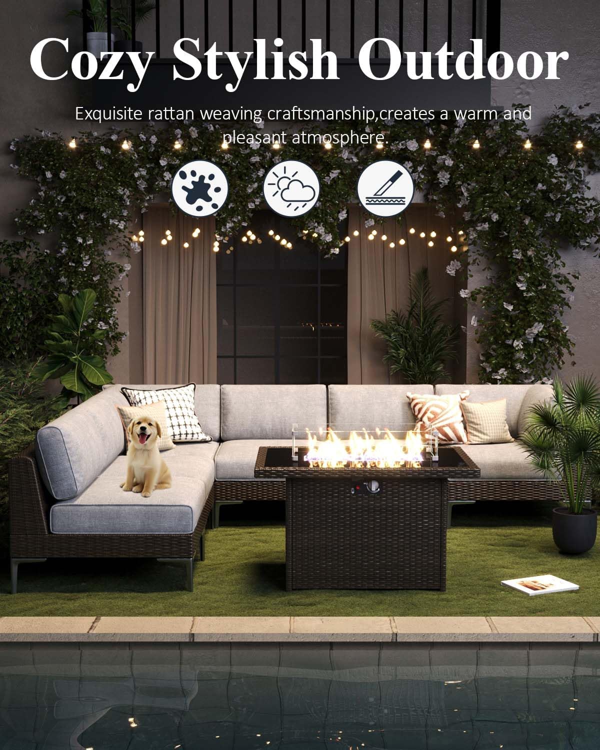 LayinSun 9-Piece Outdoor Modular Wicker Sectional Sofa with Fire Pit Table, Patio Furniture Conversation Set with Deep Seating and Thick Cushions