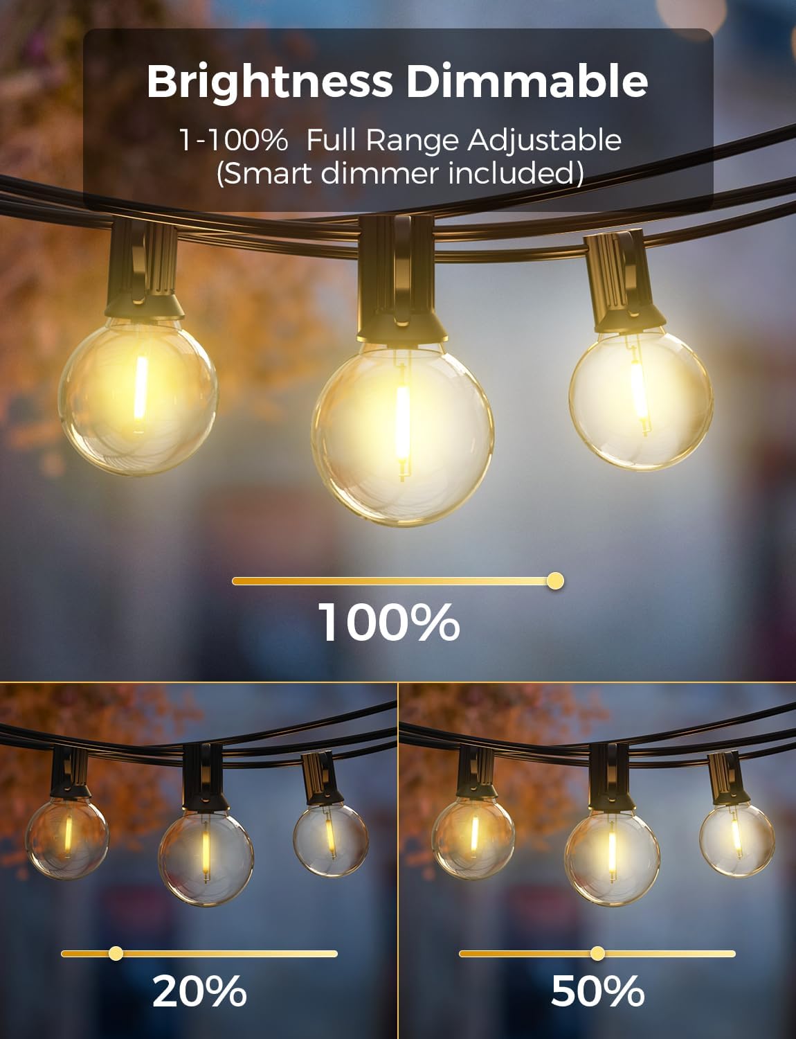 XMCOSY+ Patio Lights, Smart 50Ft Outdoor String Lights with 25 Dimmable G40 Globe Bulbs, APP Control, Work with Alexa, Connectable Waterproof LED Outdoor Light