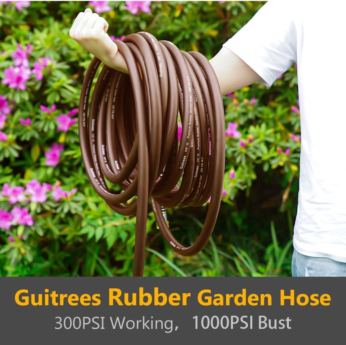 Garden Hose 25FT x 3/4", Heavy Duty Rubber Hose, Water Hose with Five Layered Braiding, Male to Female Fittings, 1000PSI Burst, 300PSI Working (Brown)