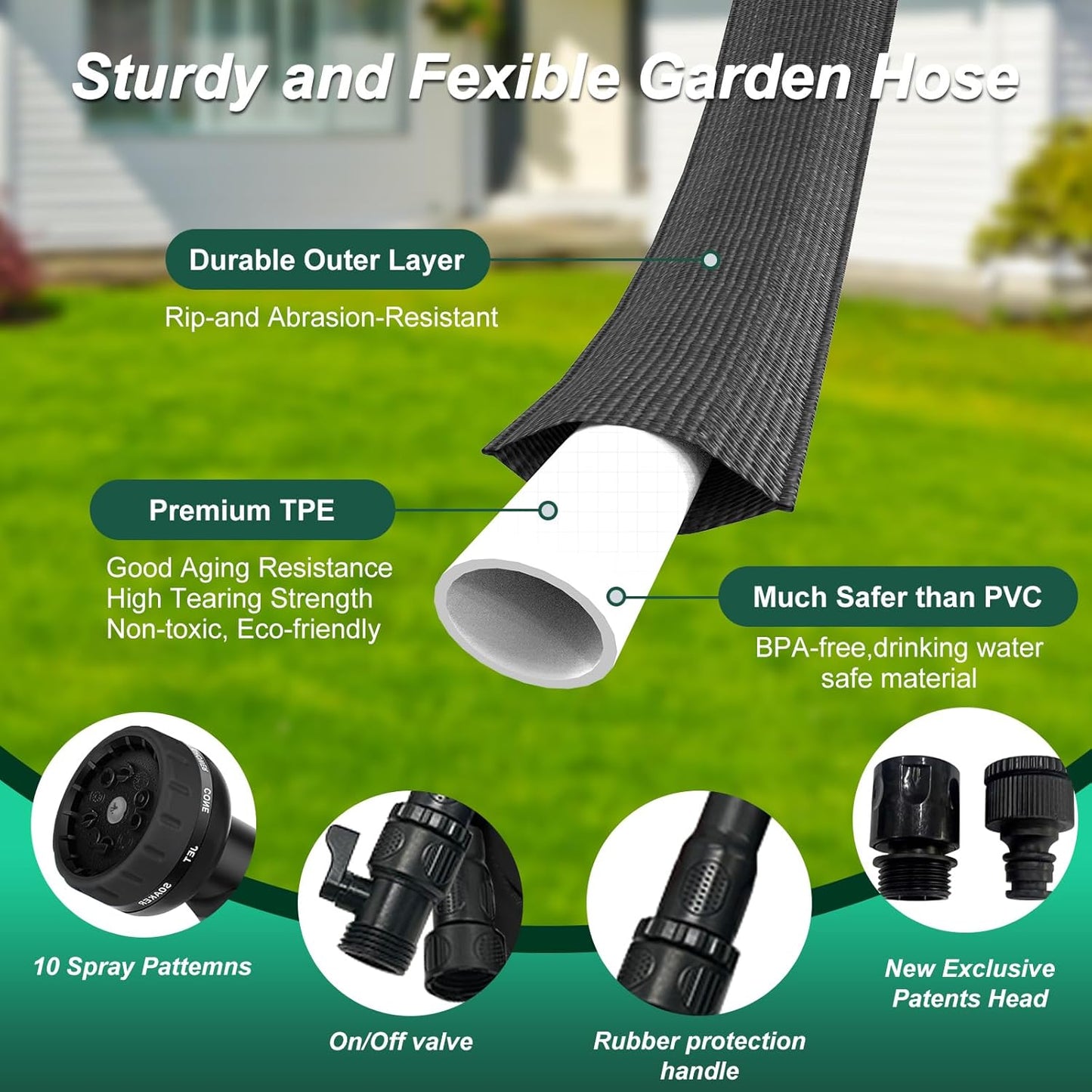 Garden Hose, 2025 Upgraded Non-Expanding Water Hose Sturdy & Lightweight 3/4 Hose, No-Kink, Tough & Flexible Water Pipe, Crush-Proof for Yard, Lawn, Outdoor, Car Wash (Black, 100FT)