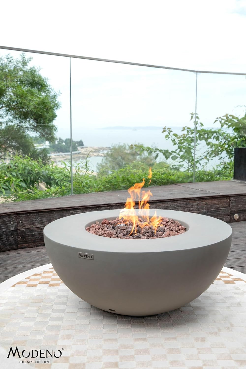 AMS Fireplace | Modeno Roca Package | Light Gray Liquid Propane Gas Fire Pit Table for Outdoor Patio Bundle with Tank Cover, Wind Guard, and SS Burner Lid | Free Rubber Mat & Ice Bucket