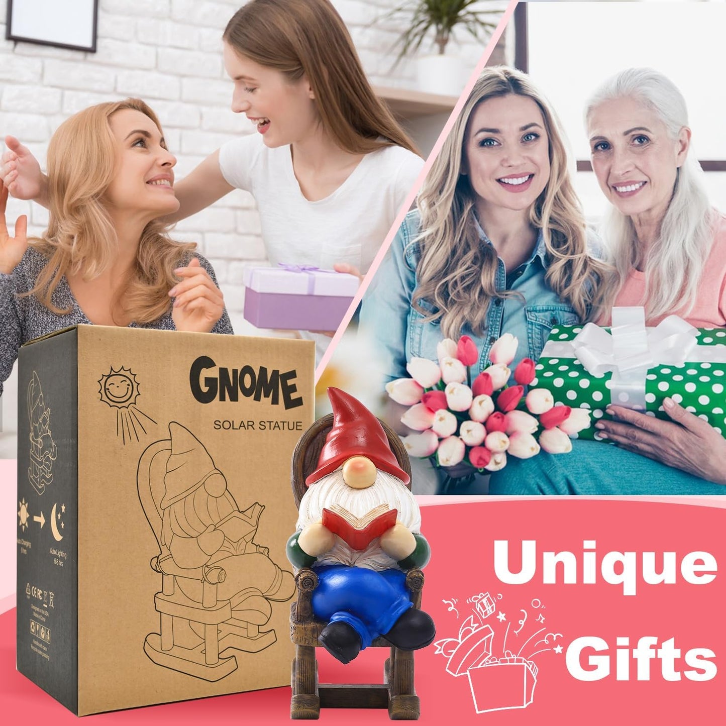 Gnome Reading Solar Statue - Outdoor Solar Gnome Reading on a Chair Garden Decor - Unique Design Ideal Gifts for Women,Mom