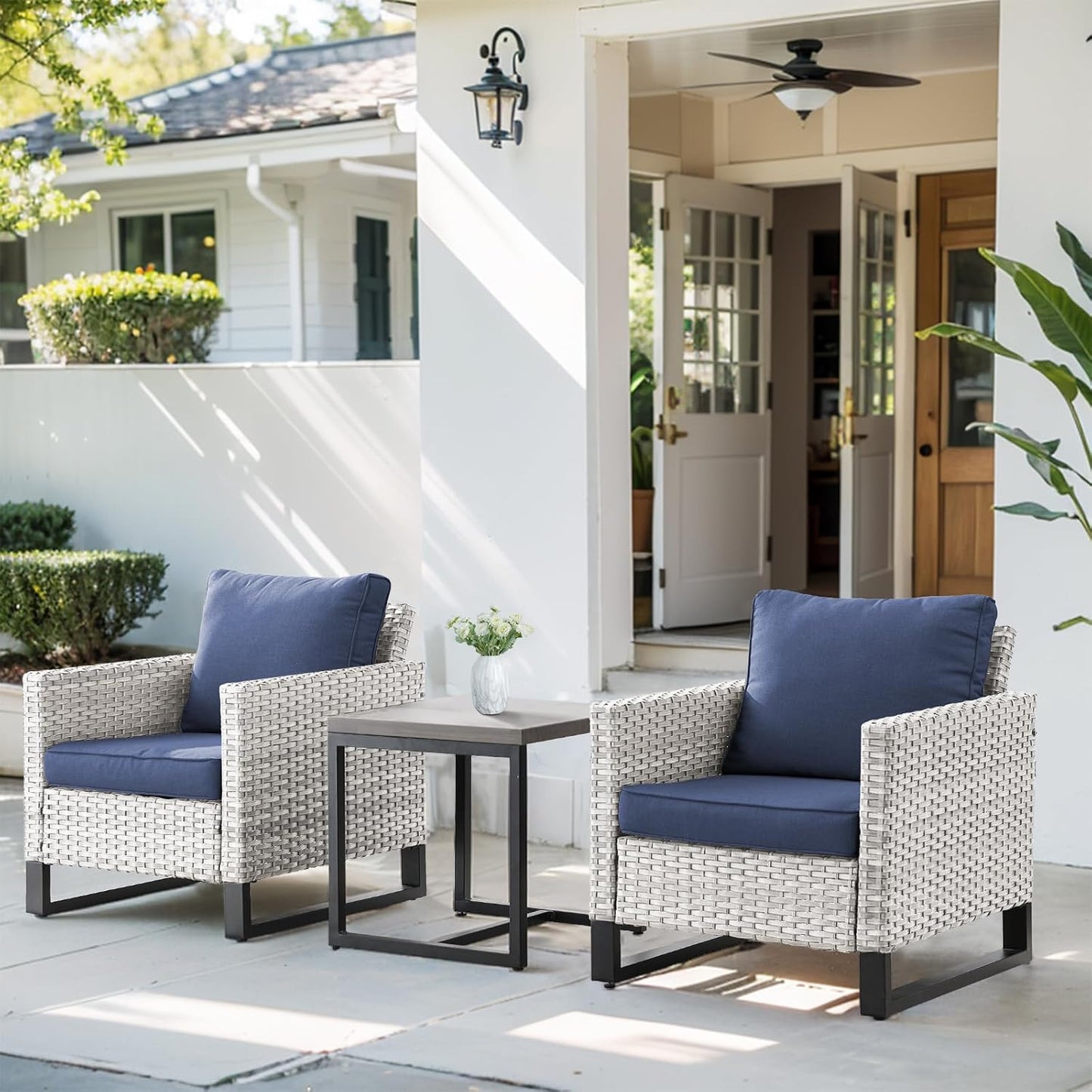 HUMMUH Outdoor Chairs PE Wicker Patio Dining Chairs Set of 2 Metal Frame Porch Chairs with 4 inch Seat Blue Cushions