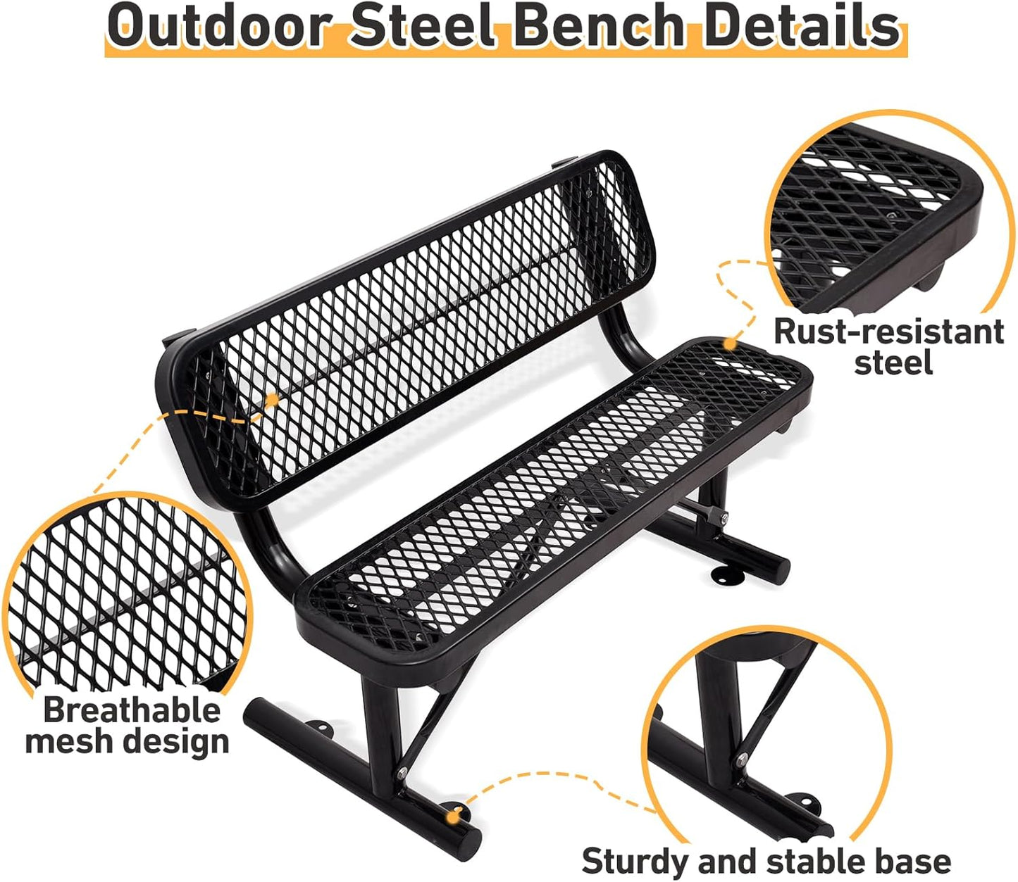 Outdoor Garden Bench, Cast Iron Metal Frame Patio Park Bench with Backrest, Portable Expanded Metal Black Bench, Commercial-Grade Outdoor Seating for Lawn, Patio, Park, Yard, Garden (Black, 4FT/48'')