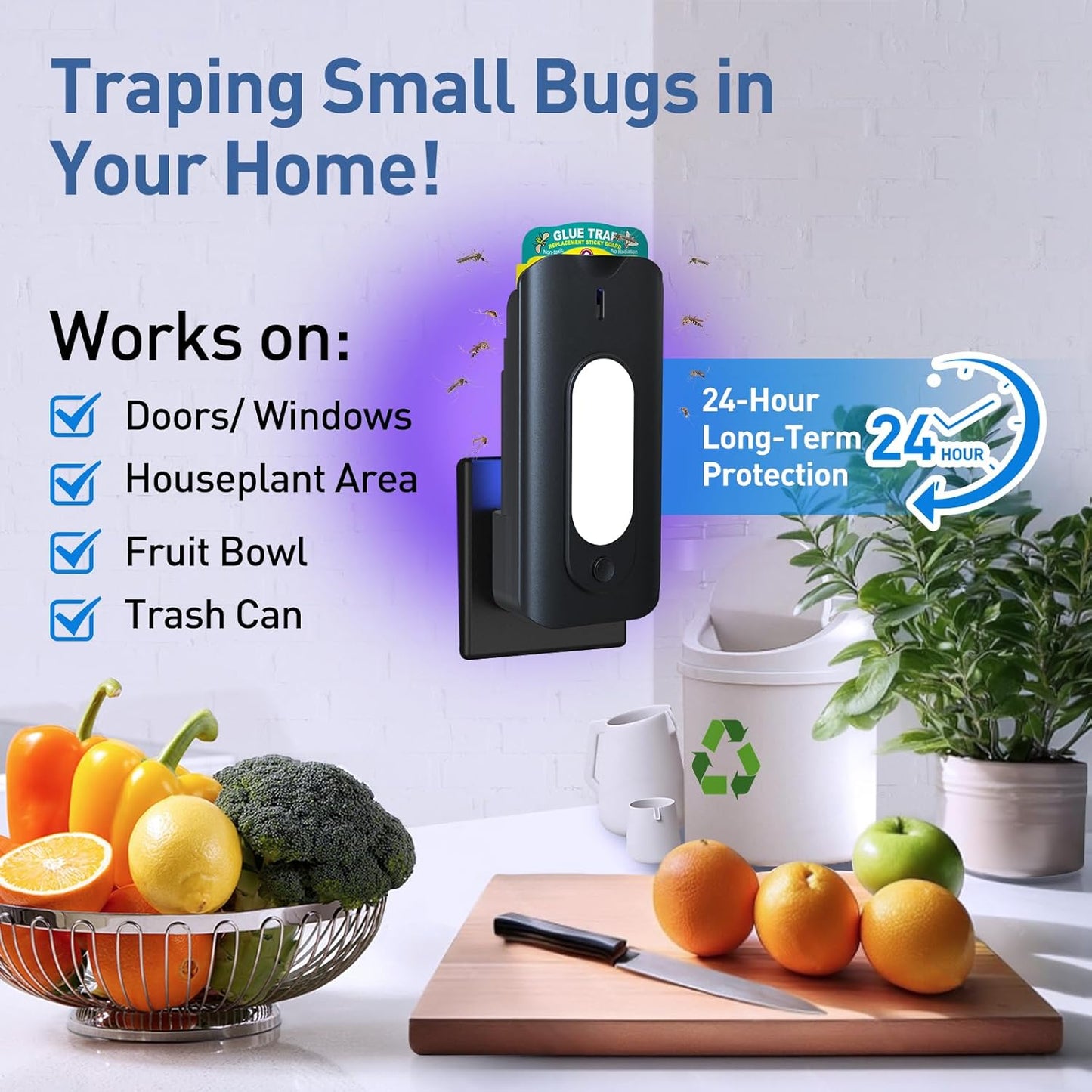 Fruit Fly Trap for Indoors with 10 Refills, 2 in 1 Fly Trap Indoor with Night Light for Home, Gnat Traps for House Indoor, Plug-in Insect Trap for Gnats, Flies, Moths, and Other Bugs-Black