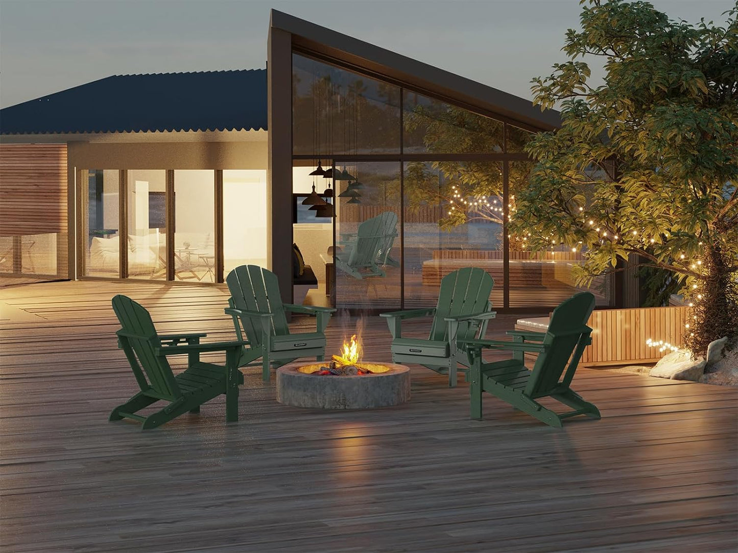 MUCHENGHY Folding Adirondack Chairs, Patio Chairs, Lawn Chairs, Outdoor Chairs, Adirondack Chair Plastic, Fire Pit Chairs, Weather Resistant with Cup Holder for Deck, Backyard, Garden(Green)