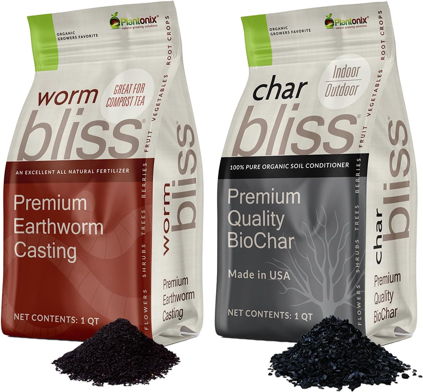 Worm Bliss (1 Qt) + Char Bliss (1 Qt) - Organic Worm Castings for Plants & Organic Biochar for Plants - Earthworm Castings Organic Fertilizer - Biochar Soil Amendment - Charcoal for Plants