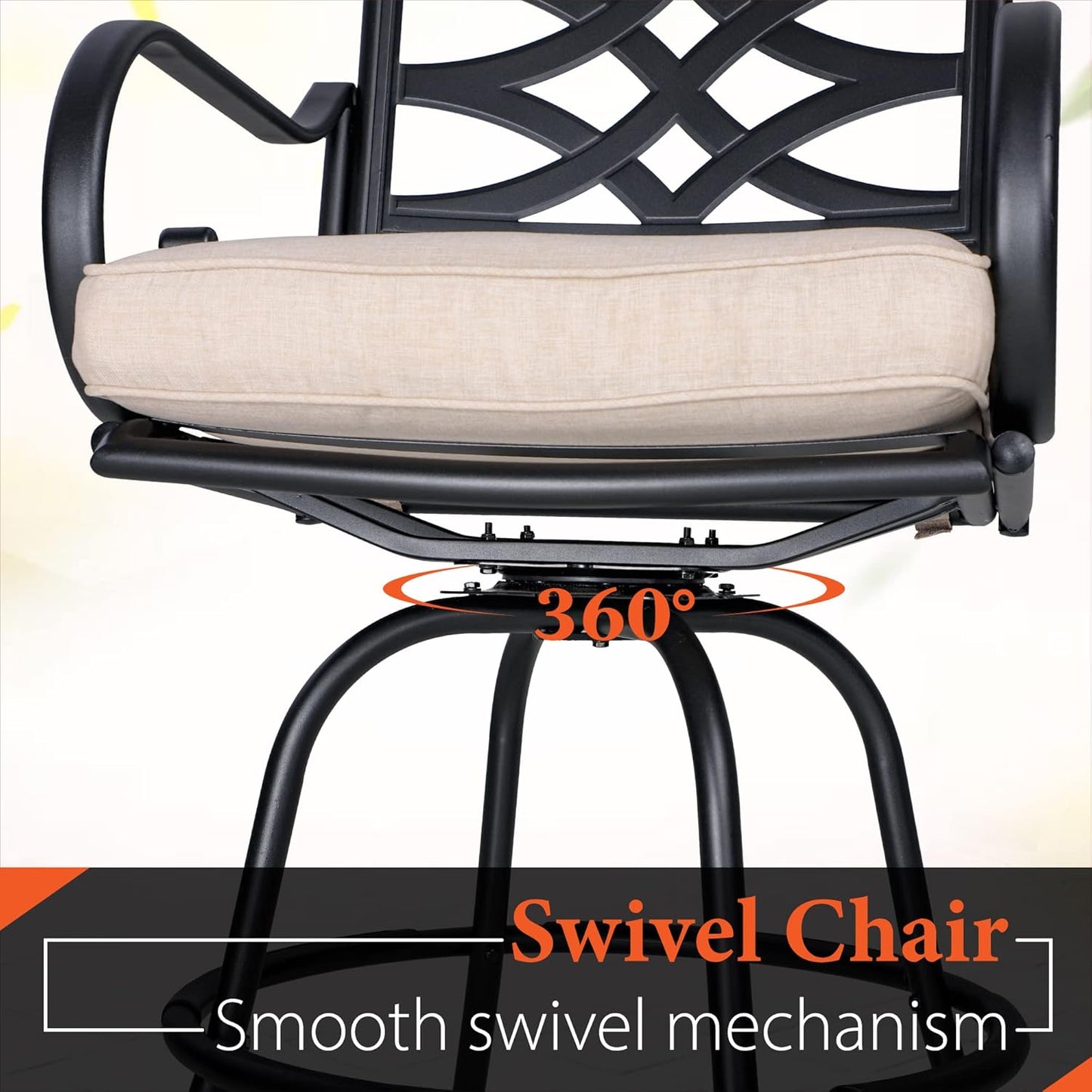 Sophia & William Patio Bar Set 3 Pieces Outdoor Bistro Bar Set with 2 Swivel Bar Stools and 1 Square Bar Height Table, All-Weather Metal Furniture with 1.57" Umbrella Hole and Beige Cushion