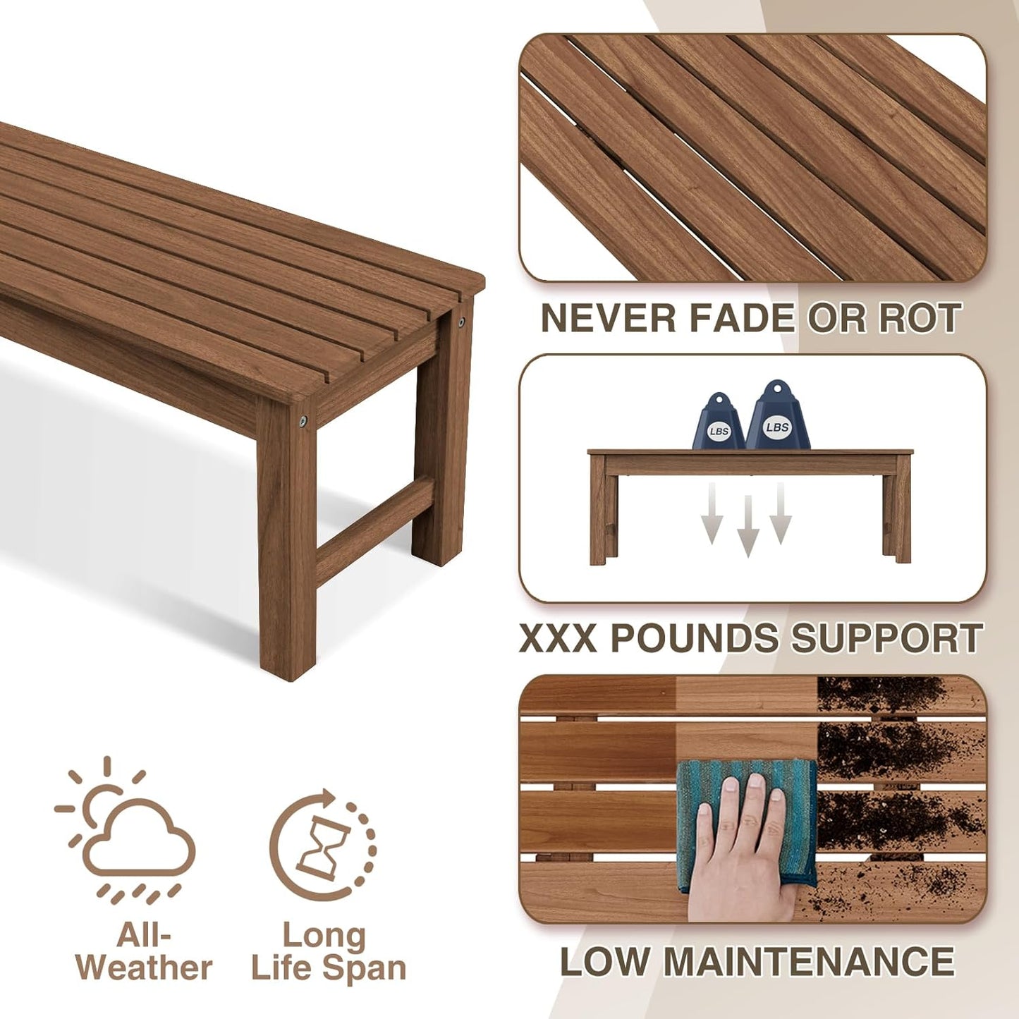 Psilvam 2-Person Outdoor Poly Lumber Patio Backless Bench, Fade-Resistant & Odor-Free Poly Lumber Patio Furniture, Weatherproof, Suitable for Garden, Porch and Park, 700 Lbs Support (1, Light Brown)