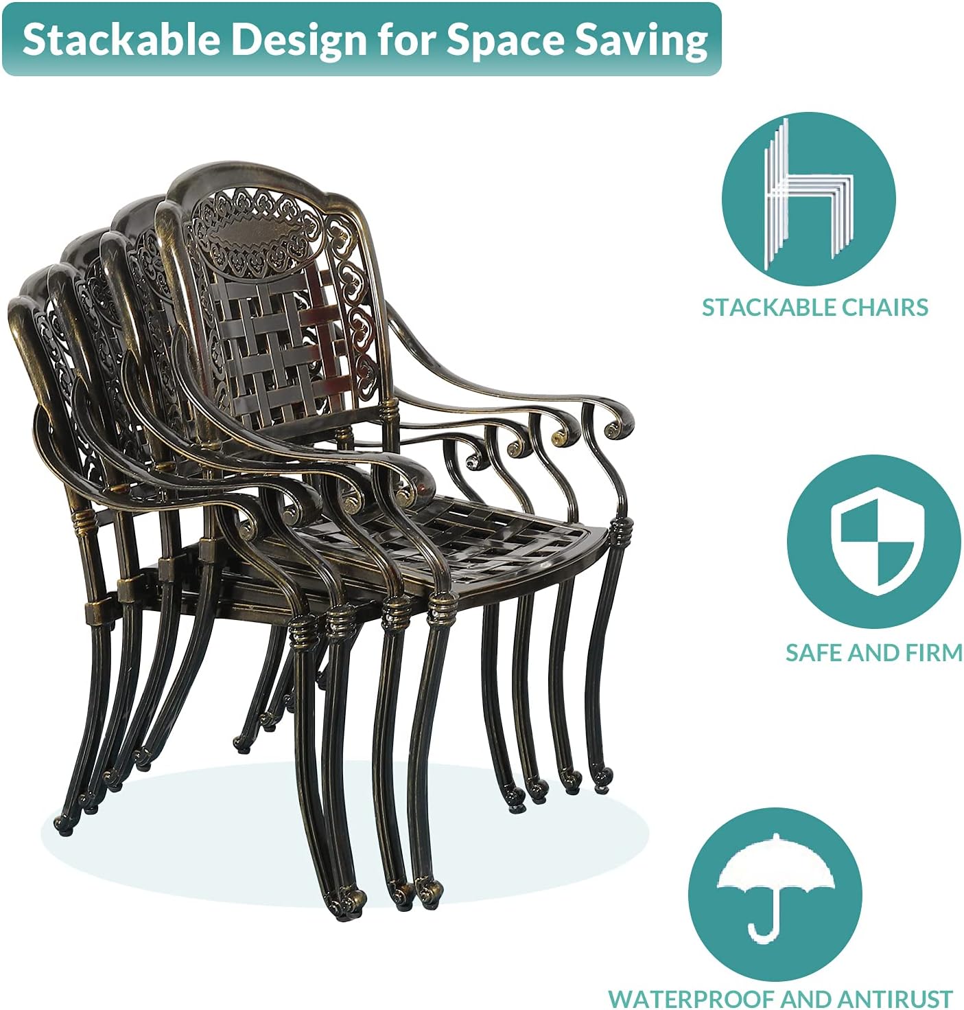 MEETWARM 3 Piece Patio Bistro Set, Outdoor All-Weather Cast Aluminum Dining Furniture Set Includes 2 Chairs and a 31” Round Table with Umbrella Hole for Garden Deck