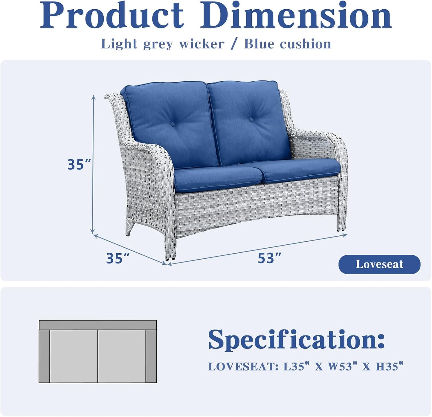 Outdoor Loveseat Small Patio Furniture 2 Seater Sofa Light Grey Wicker Couch Rattan Settee for Single-Family House