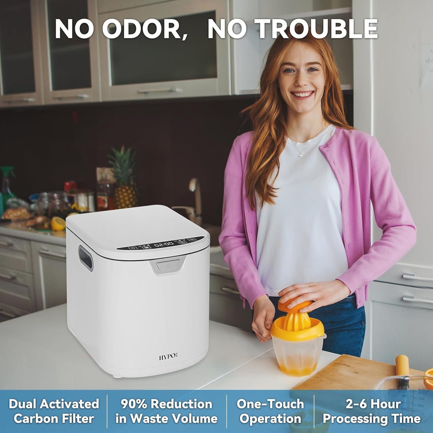 3.5L Electric Composter for Kitchen, Smart Compost Bin, Odorless Indoor Composter with 2 Detachable Carbon Filter, Turns Waste Into Dry Fertilizer, One-Touch Operation, White