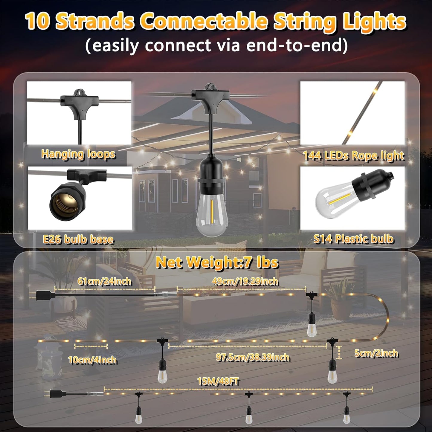 Outdoor String Fairy Lights, 48ft Dimmable Patio Lights with 15+1 S14 Retro Edison Bulbs & 144 Fairy Rope, IP65 Waterproof, LED Outside Hanging Light for Party Backyard Bistro, 7 Strands Connectable