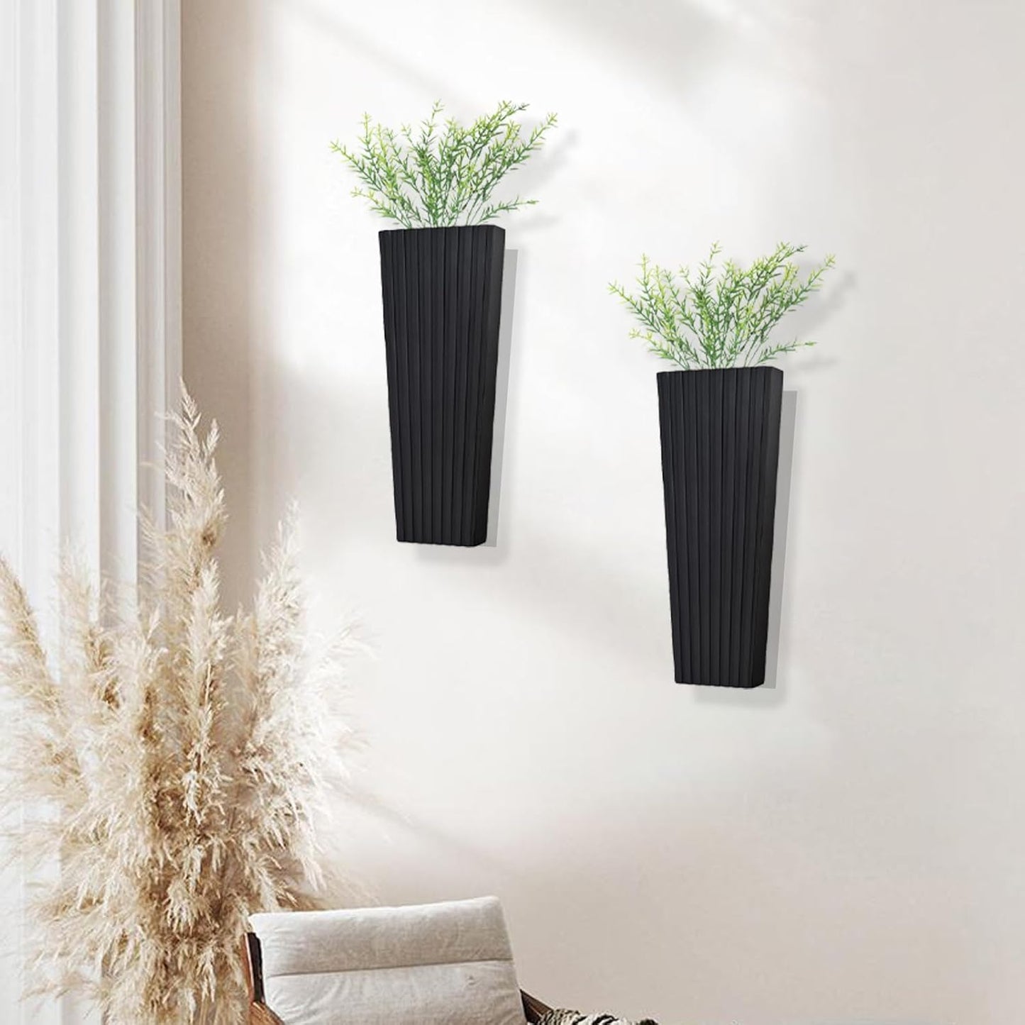 2Pack Black Wood Wall Planter for Indoor +2Pack Green Plants,Modern Wooden Hanging Planter for Dried Flowers and Plants,Abstract Vase Farmhouse Wood Wall Decor (Black)