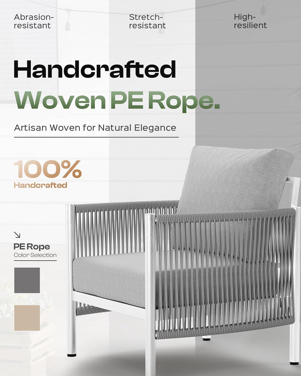 Aluminum Outdoor Patio Furniture Set, HDPE Rope 4 Piece Modern Sectional Conversation Sets with Dual-Layer Coffee Table, All Weather Patio Couch Sofa with Thick Cushions, Silver Frame, Silver