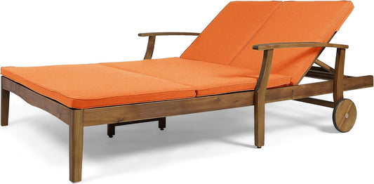 Christopher Knight Home Samantha Double Chaise Lounge for Yard and Patio, Acacia Wood Frame, Teak Finish with Orange Cushions