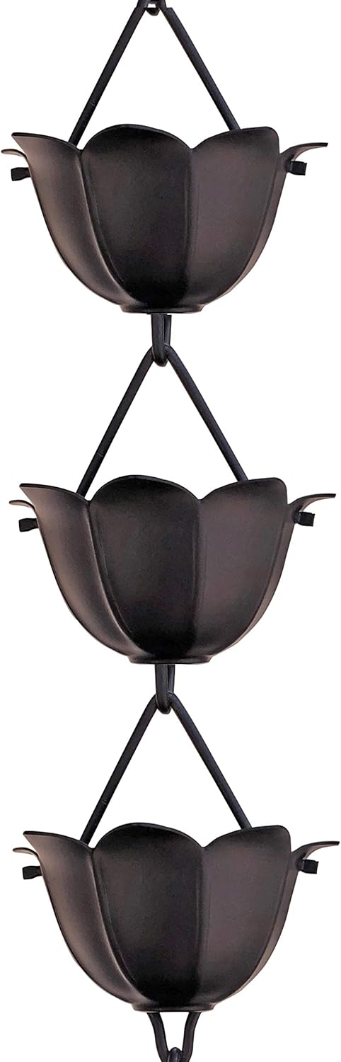 Monarch Rain Chains Aluminum Large Lotus Rain Chain, 8.5 ft Black Powder Coated Aluminum Decorative Rain Catcher Chain for Gutters, Black Aluminum Rain Gutter Replacement Downspout