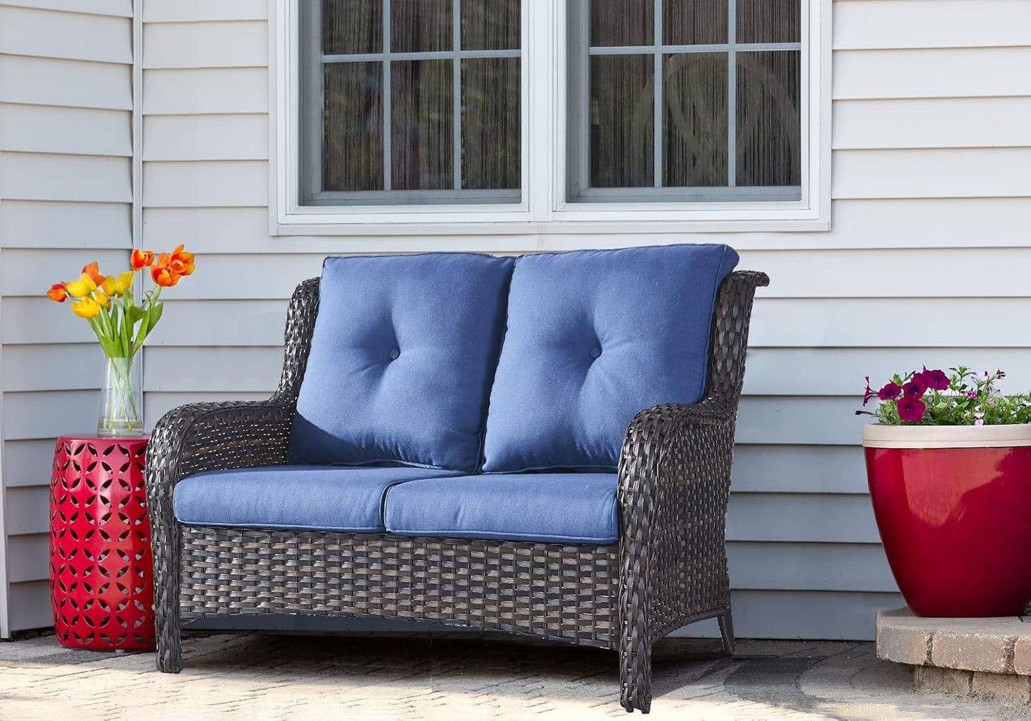 Outdoor Loveseat Small Patio Furniture 2 Seater Sofa Brown Wicker Couch Rattan Settee for Single-Family House