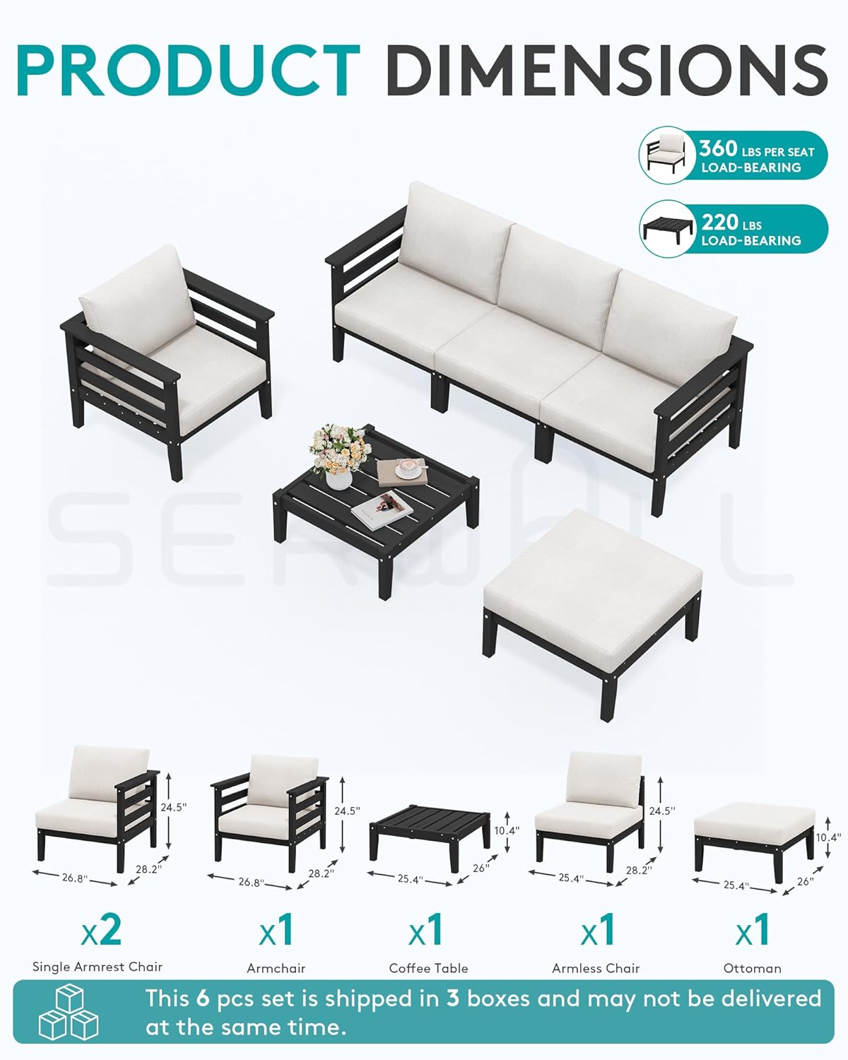 SERWALL HDPE Patio Furniture Set, 6 Pieces Outdoor Sectional Sofa Set, All-Weather Wood-Like Outdoor Sofa Couch with Coffee Table for Deck, Lawn, Black Frame with Khaki Cushion