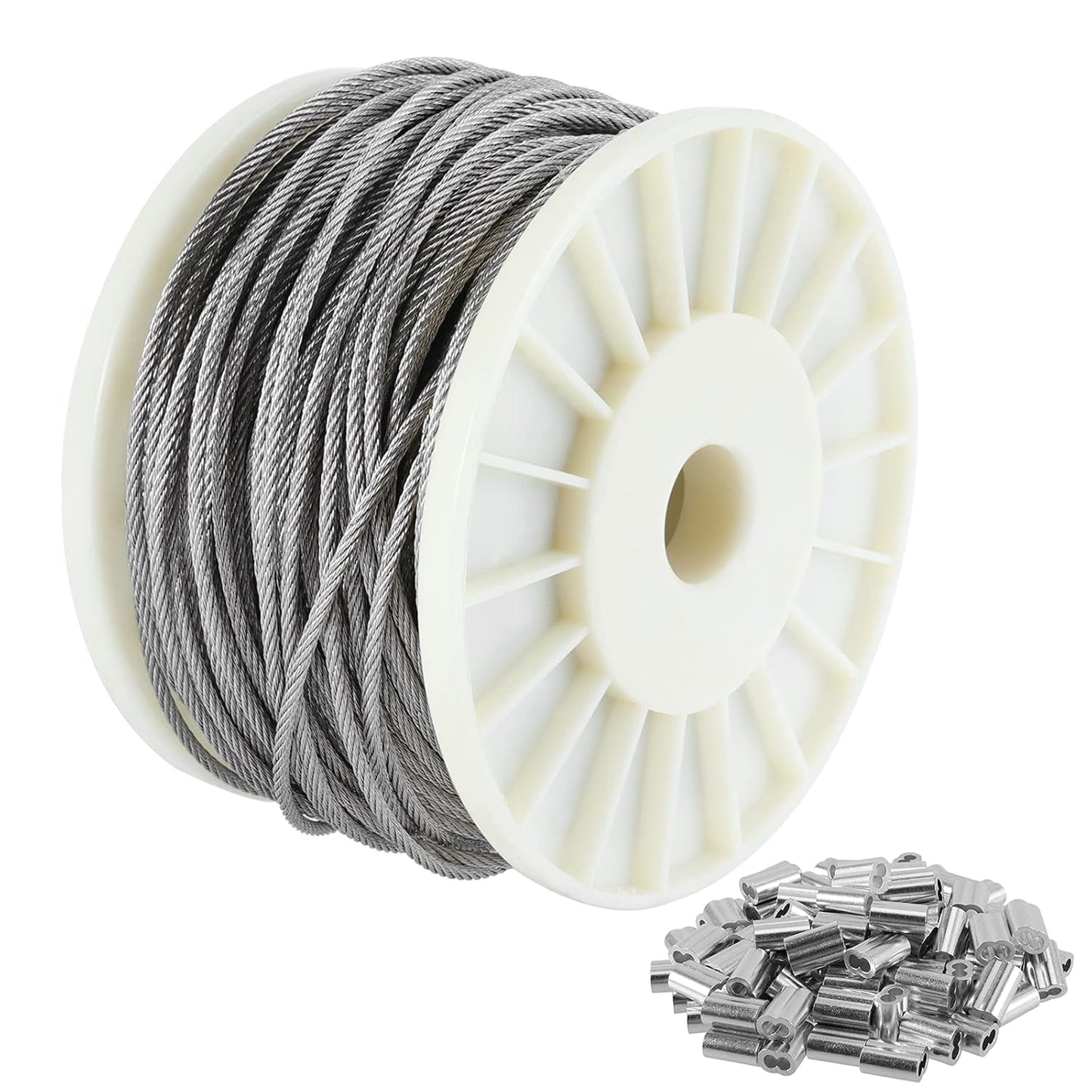 1/8 Inch 200 FT 316 Stainless Steel Wire Cable, 7x7 Inch Aircraft Cable, Wire Rope 100 PCS Strand Construction Braided with Crimping Sleeves, 660lbs/300kg Breaking Strength
