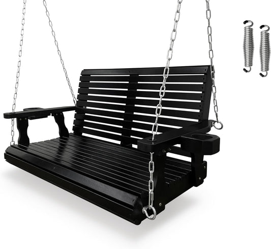 Wooden Porch Swing 2-Seater, High Backrest and Deep Seat, Bench Swing with Cupholders, Hanging Chains and 7mm Springs, Heavy Duty 880 LBS, for Outdoor Patio Garden (Carbon Black - 4 FT Extra Large)