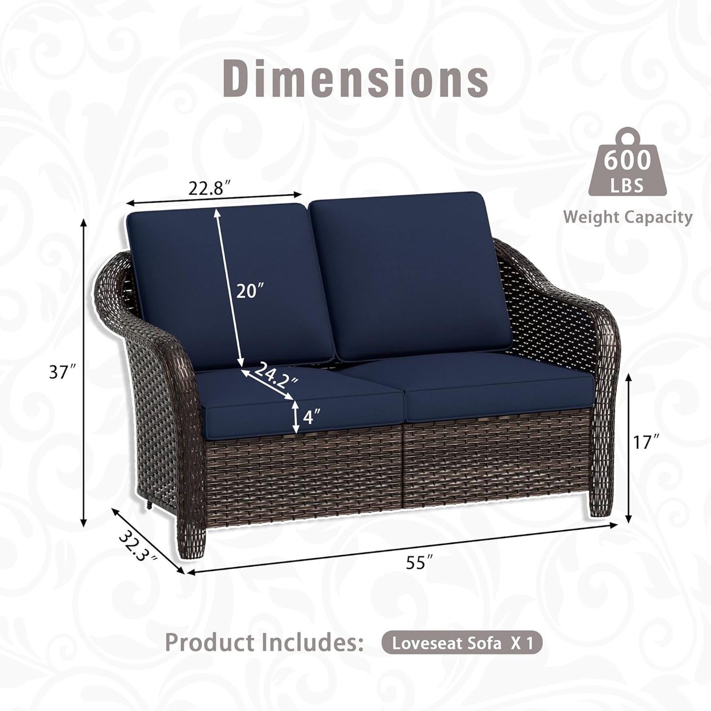 3 Piece Patio Wicker Conversation Set, All-Weather Use Outdoor Wicker Loveseat with 2 PE Rattan Chair, Ideal for Porch, Backyard, Balcony, Poolside, Blue