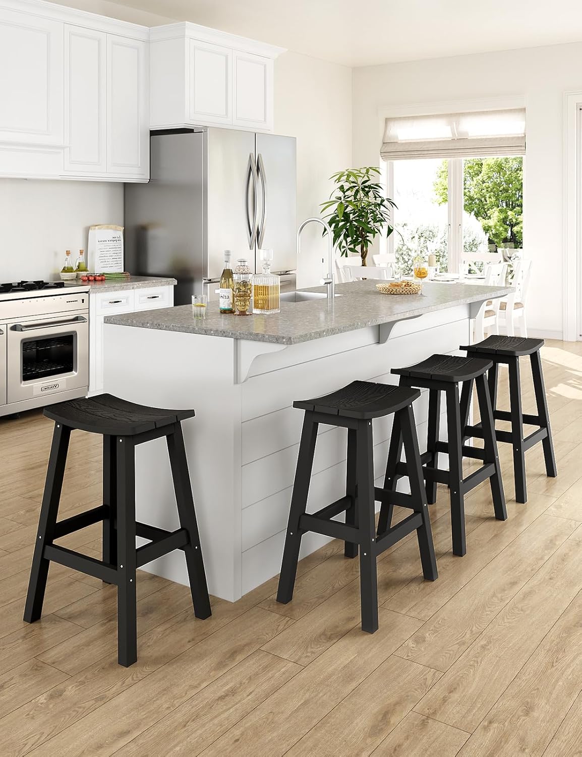 Weatherproof Bar Stools Set of 4, 28" Height Outdoor Bar Stools Holds up to 400 lbs, Saddle Seat, Bar Height Stools for Patio, Garden, and Kitchen Island, Black