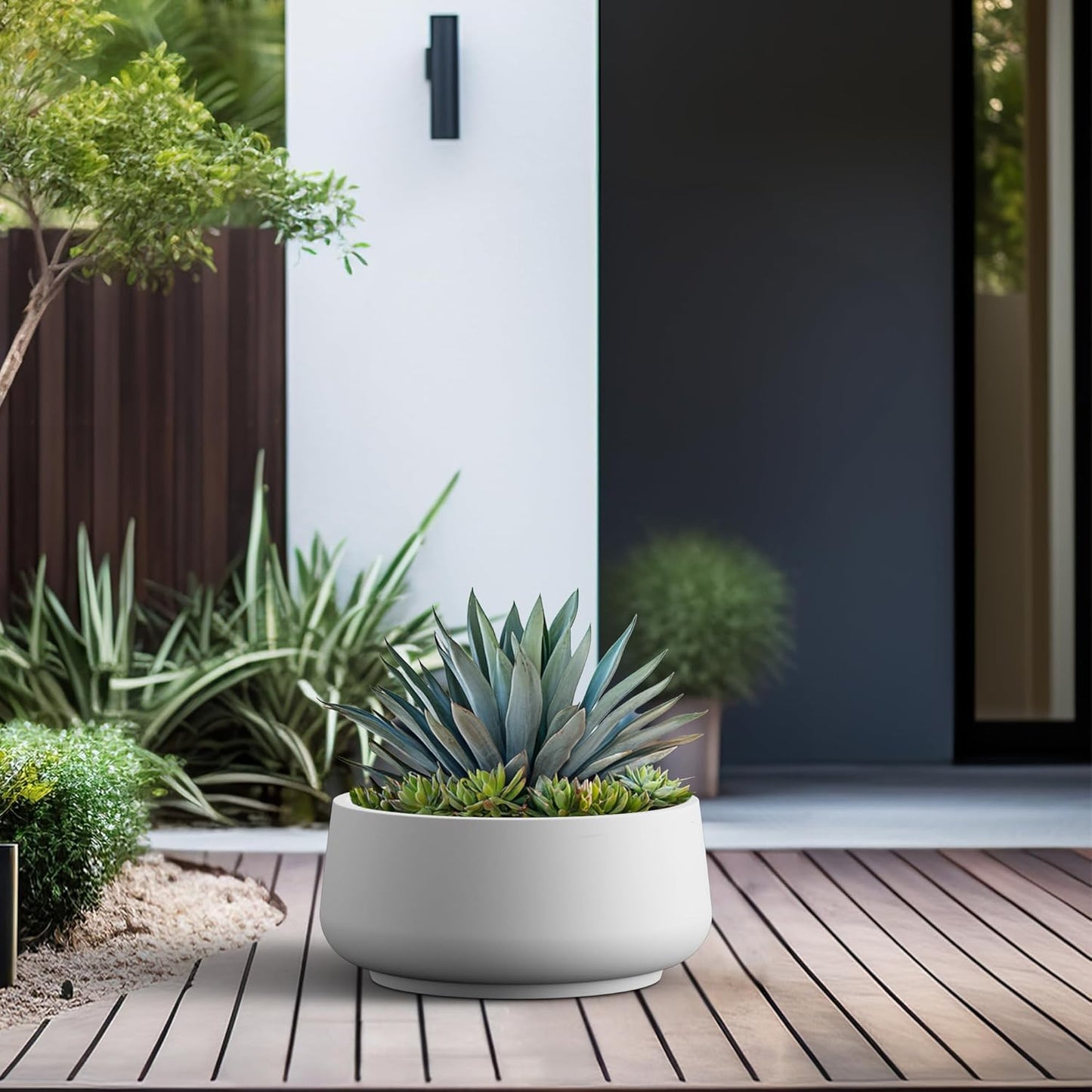 Kante 16.1" Dia Round Curvy Concrete Planter, Large Plant Pots with Drainage Hole and Rubber Plug for Indoor Outdoor Plants, Flower Pot for Home Garden Patio Porch, White