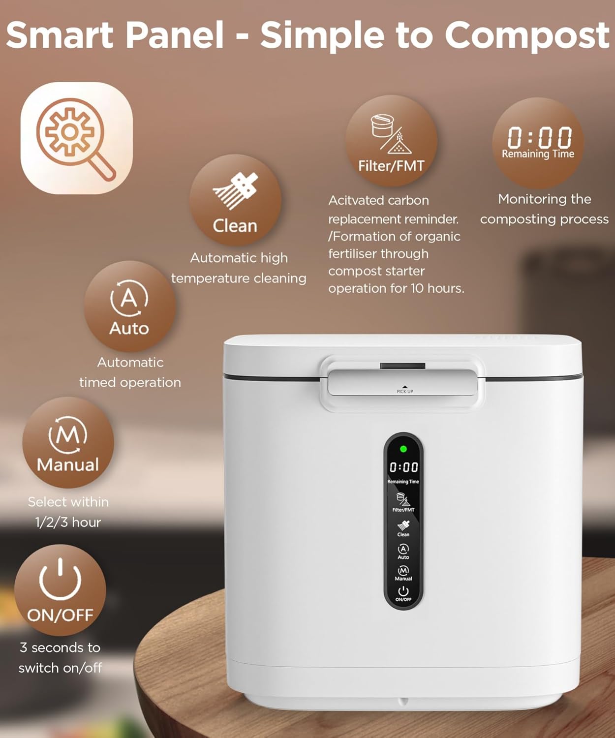 4L Electric Composter for Kitchen, Compost Bin for Countertop with Auto-Cleaning/Odor-Free/LED Display, Turn Kitchen Waste to Dry Compost Fertilizer, Indoor/Outdoor Compost Machine