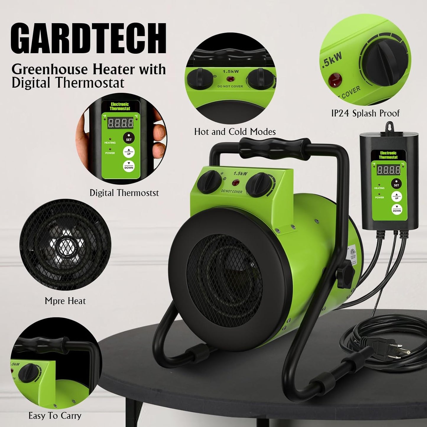 Gardtech Greenhouse Heater with Digital Thermostat, 1500W Portable Outdoor Heater with Overheat Protection, Grow Tent Heaters [Stronger air volume] Fast Heating for Patio, Garage, Flower House(Green)