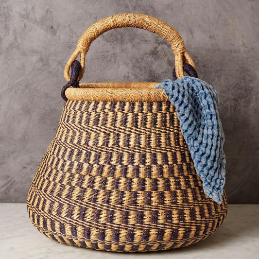 Home & Kitchen Decor, Wicker Basket, Picnic Basket, Living Room Basket, Organizing, Harvesting, Foraging, Fruit Storage, Hand Woven, Pot Shape, 16" Wide, Boho - Natural Navy
